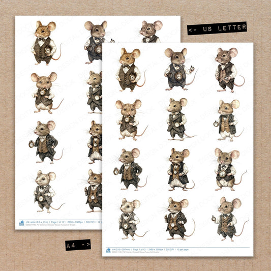 A4 and US Letter format comparison showing Victorian Dressed Mouse fussy cut pages for print and cut crafting