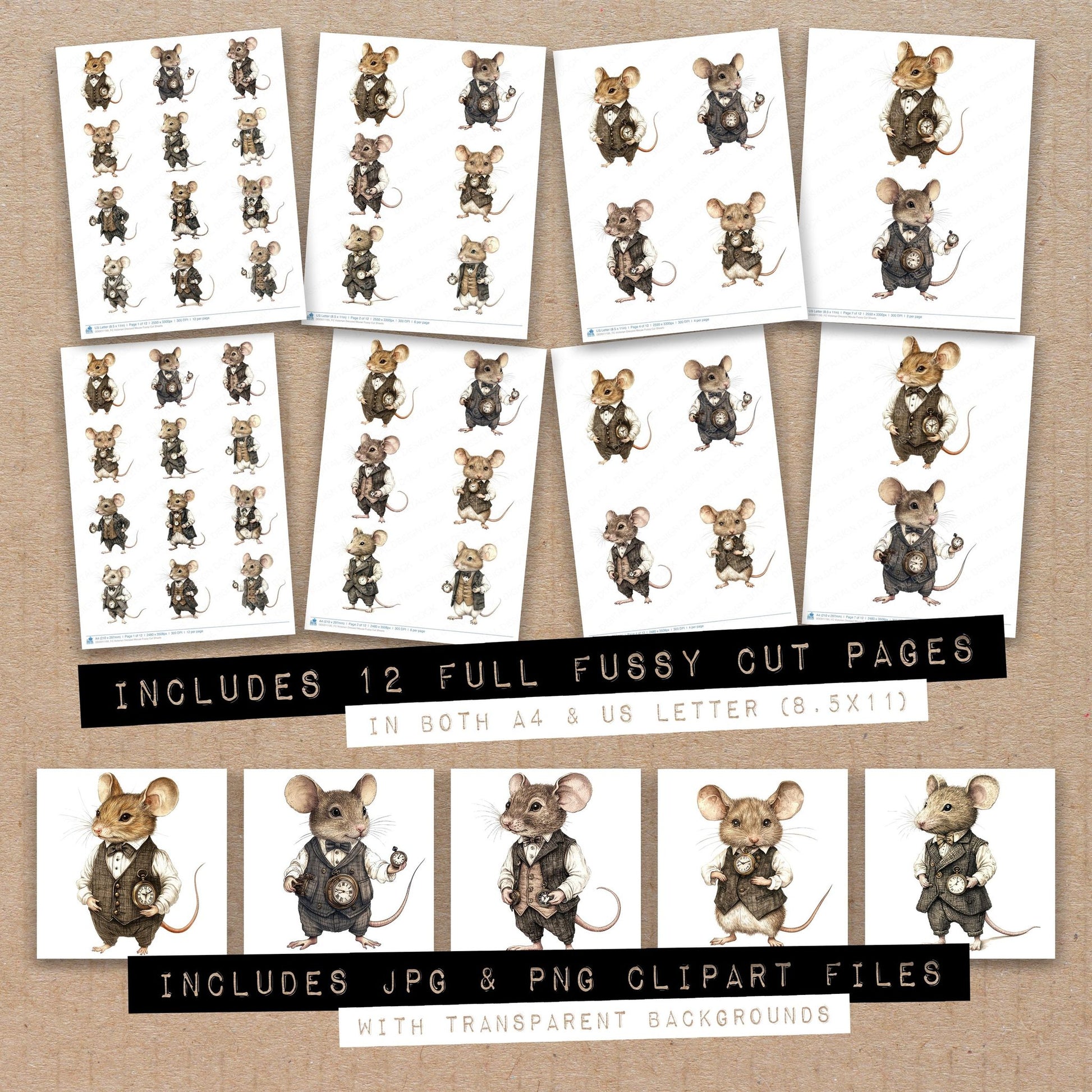 Full collection view of Victorian Dressed Mouse fussy cut sheets with bonus clipart JPG and PNG files