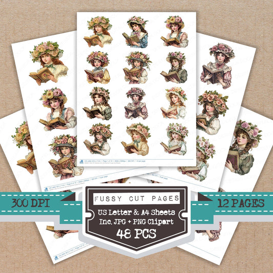 Victorian Girl with Bonnet fussy cut printable sheets for junk journaling, scrapbooking, and paper craft projects