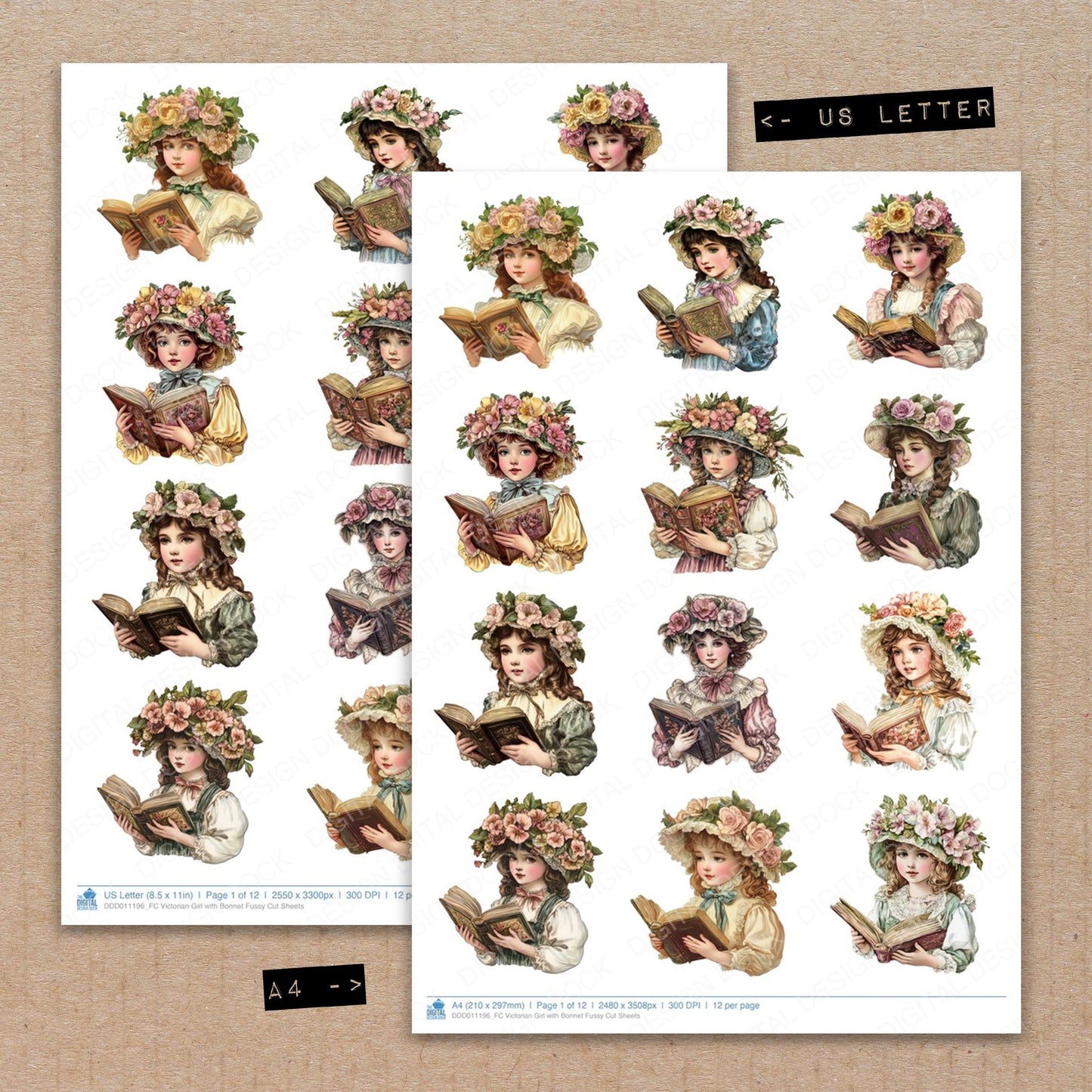 A4 and US Letter format comparison showing Victorian Girl with Bonnet fussy cut pages for print and cut crafting