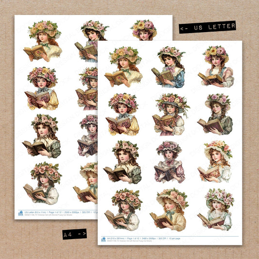 A4 and US Letter format comparison showing Victorian Girl with Bonnet fussy cut pages for print and cut crafting
