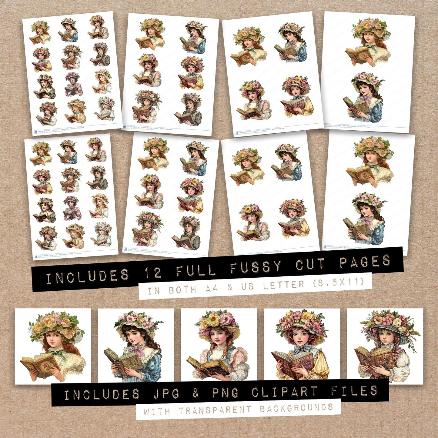 Full collection view of Victorian Girl with Bonnet fussy cut sheets with bonus clipart JPG and PNG files