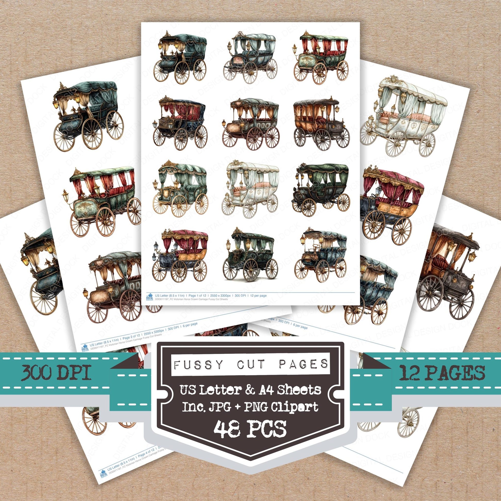 Victorian Horse Drawn Carriage fussy cut printable sheets for junk journaling, scrapbooking, and paper craft projects