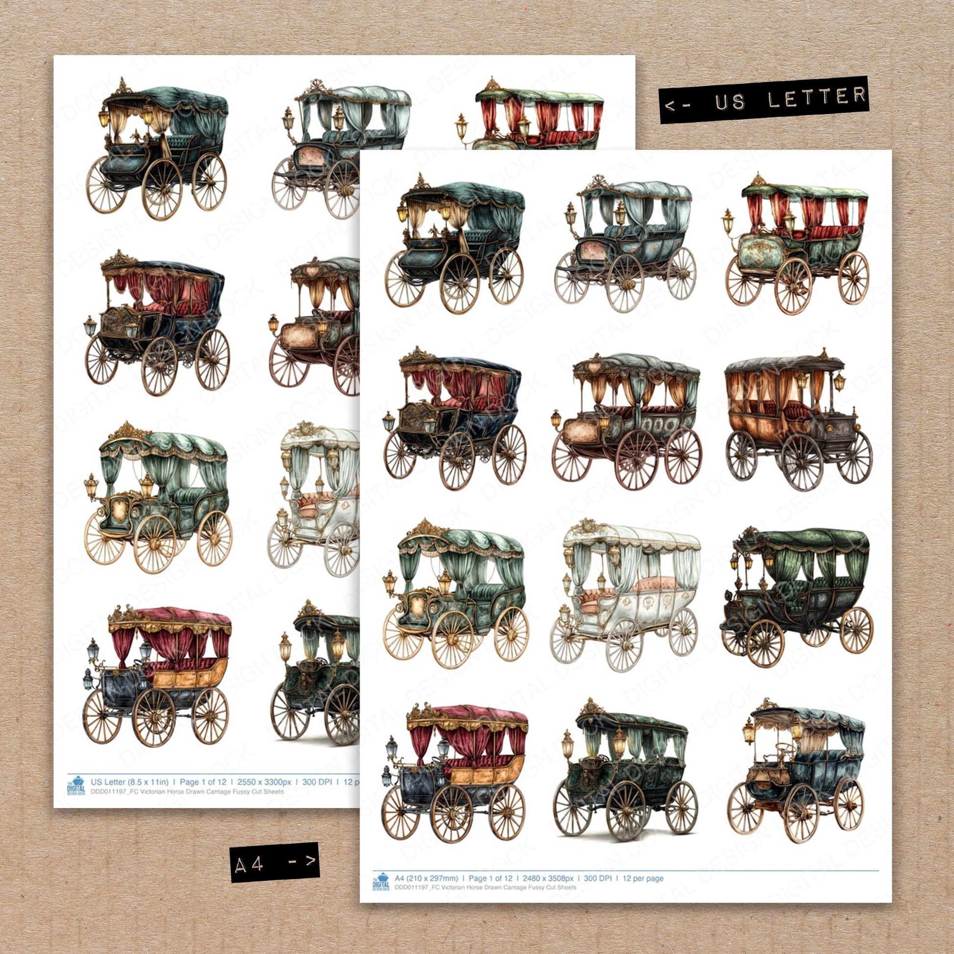 A4 and US Letter format comparison showing Victorian Horse Drawn Carriage fussy cut pages for print and cut crafting