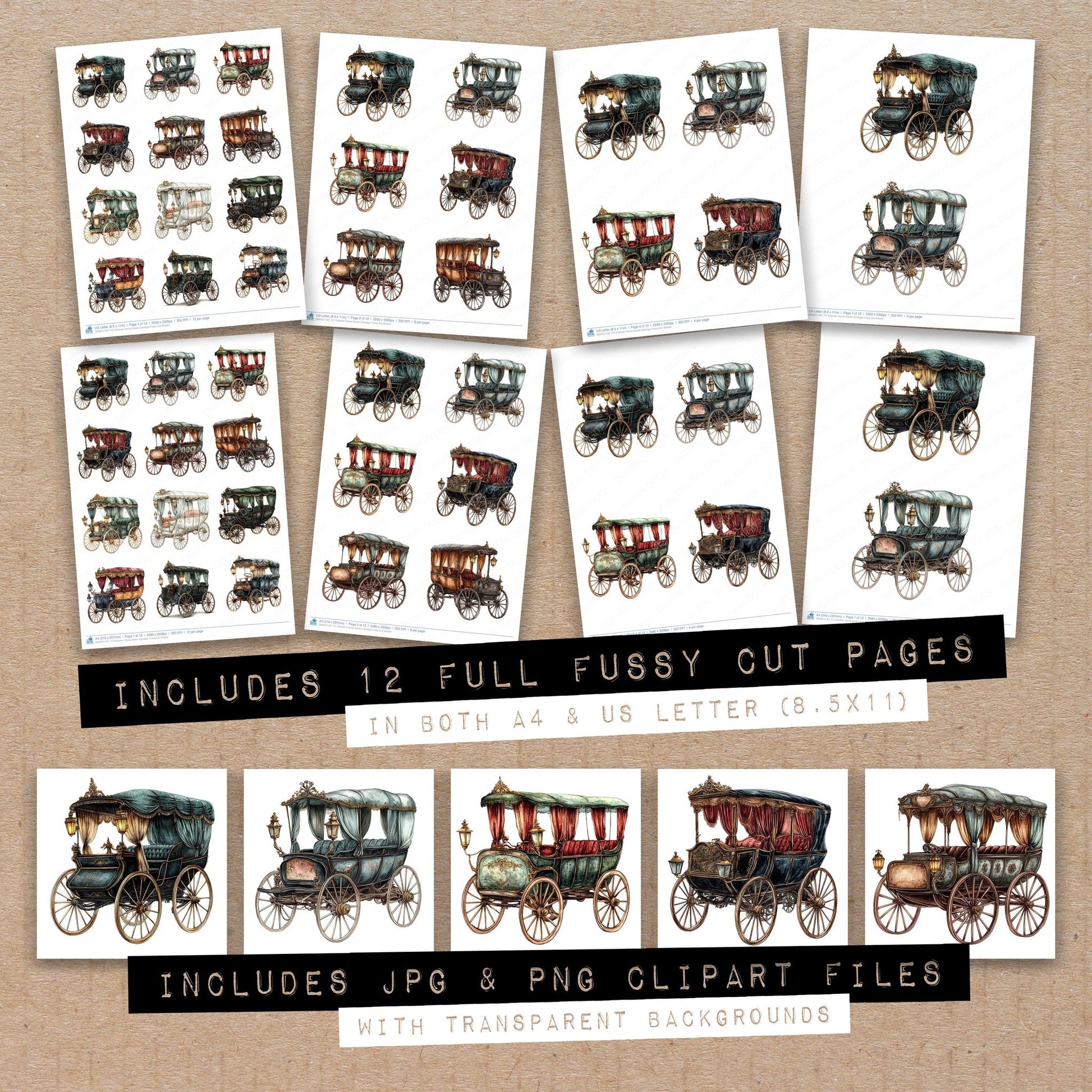 Full collection view of Victorian Horse Drawn Carriage fussy cut sheets with bonus clipart JPG and PNG files