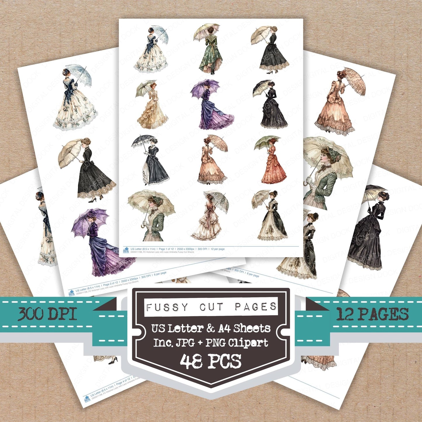Victorian Lady with Lace Umbrella Fussy Cut Sheets (DDD011198)