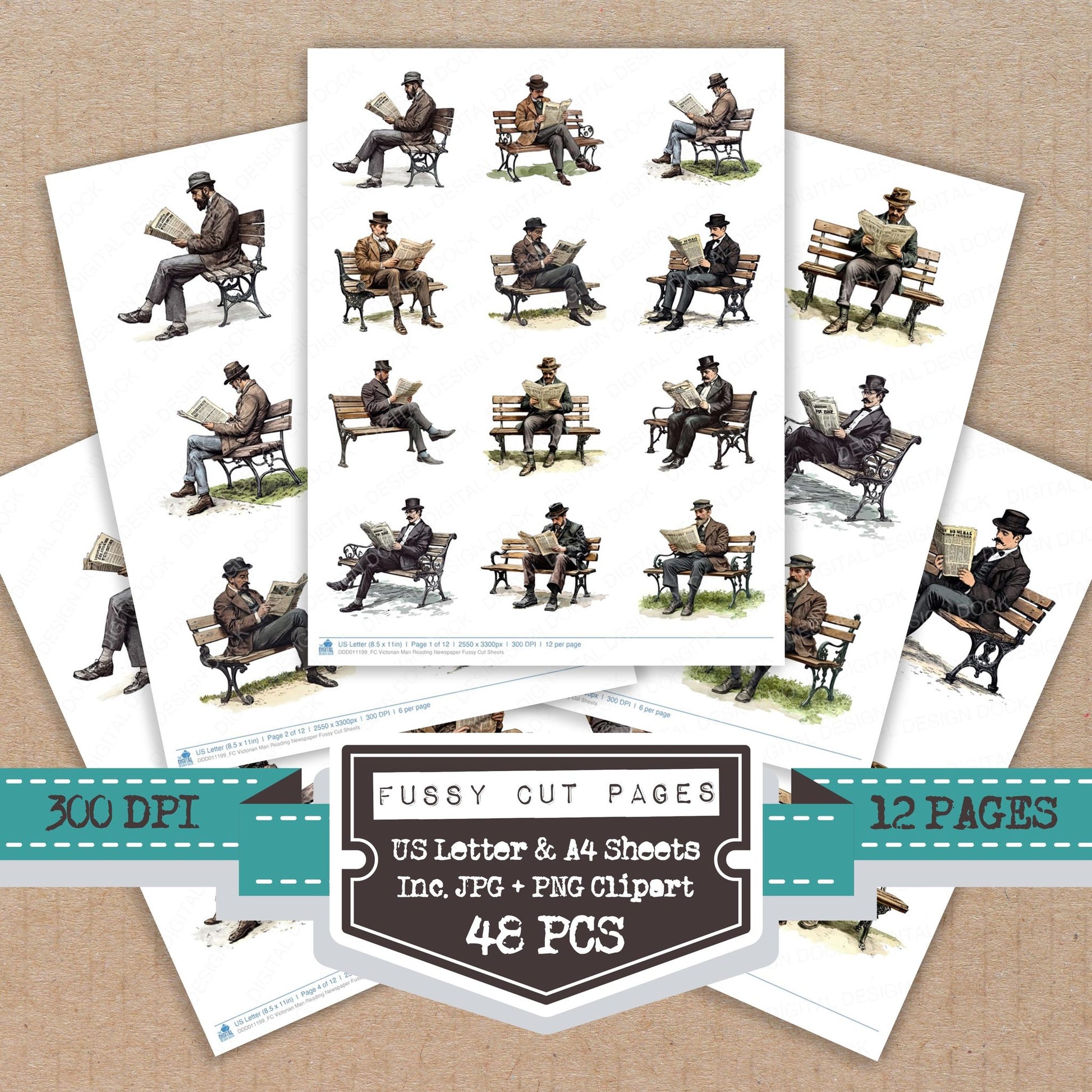 Victorian Man Reading Newspaper fussy cut printable sheets for junk journaling, scrapbooking, and paper craft projects