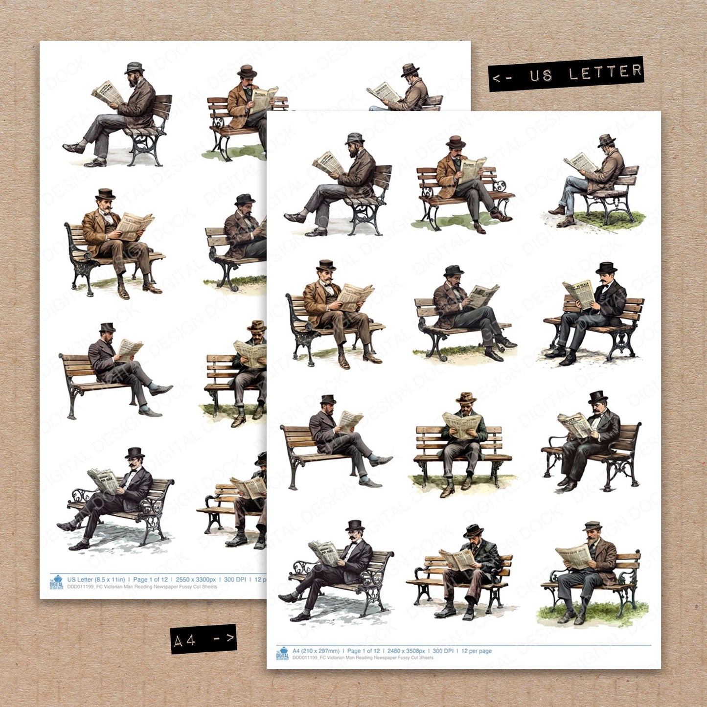 A4 and US Letter format comparison showing Victorian Man Reading Newspaper fussy cut pages for print and cut crafting