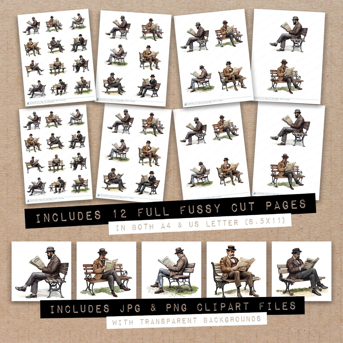 Full collection view of Victorian Man Reading Newspaper fussy cut sheets with bonus clipart JPG and PNG files