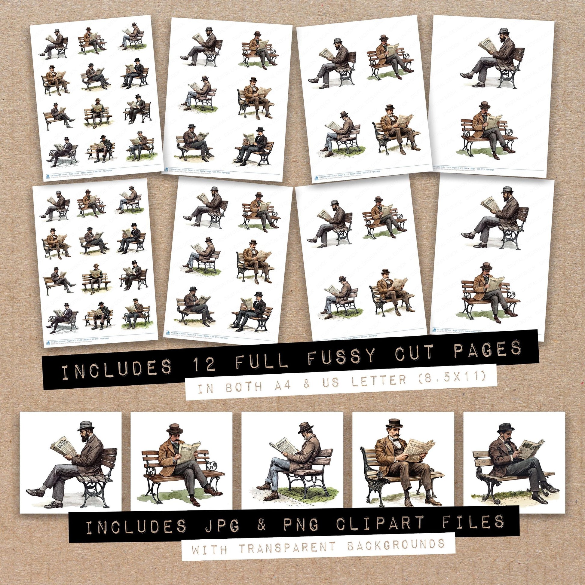 Full collection view of Victorian Man Reading Newspaper fussy cut sheets with bonus clipart JPG and PNG files