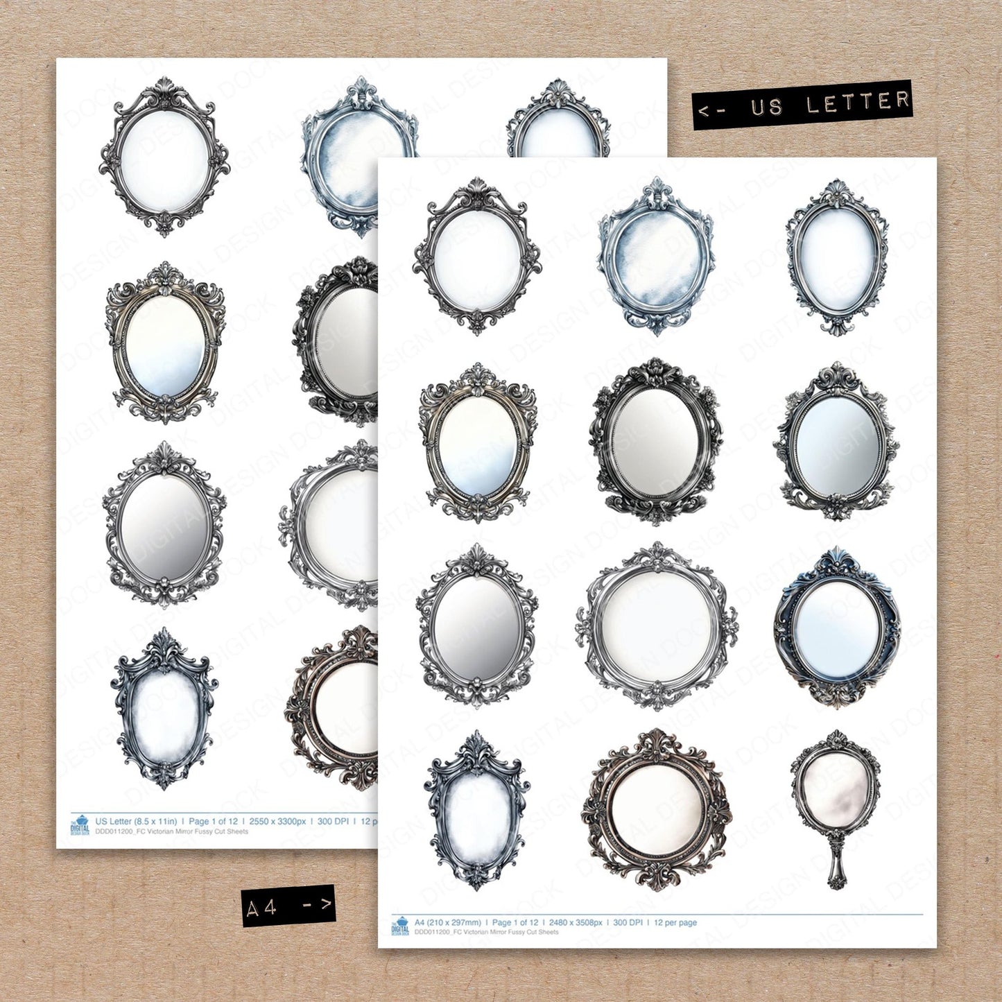 A4 and US Letter format comparison showing Victorian Mirror fussy cut pages for print and cut crafting