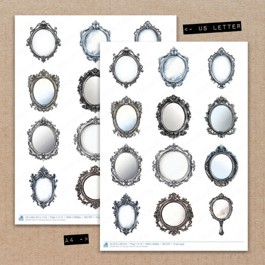 A4 and US Letter format comparison showing Victorian Mirror fussy cut pages for print and cut crafting