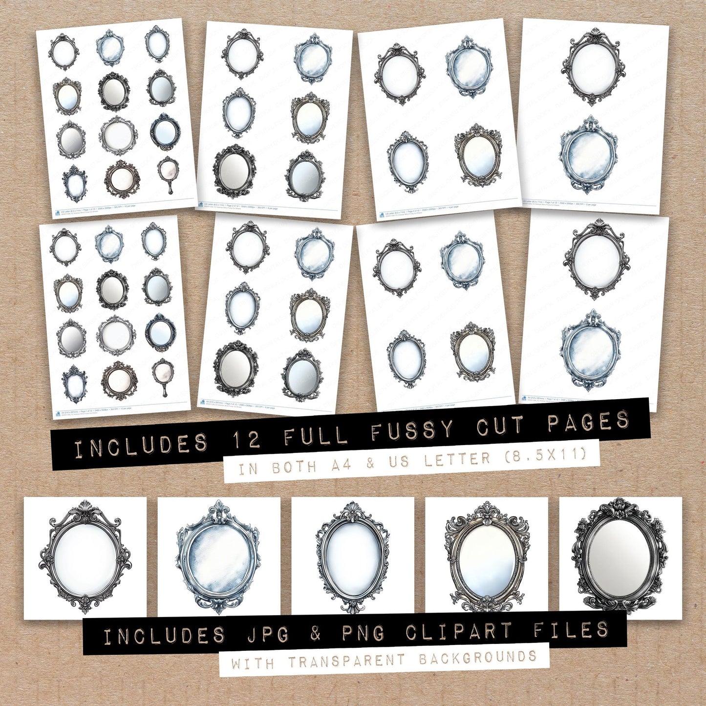 Full collection view of Victorian Mirror fussy cut sheets with bonus clipart JPG and PNG files