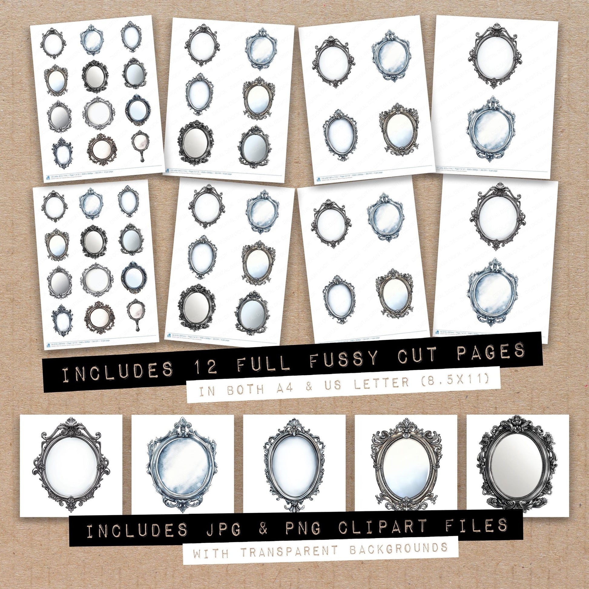 Full collection view of Victorian Mirror fussy cut sheets with bonus clipart JPG and PNG files