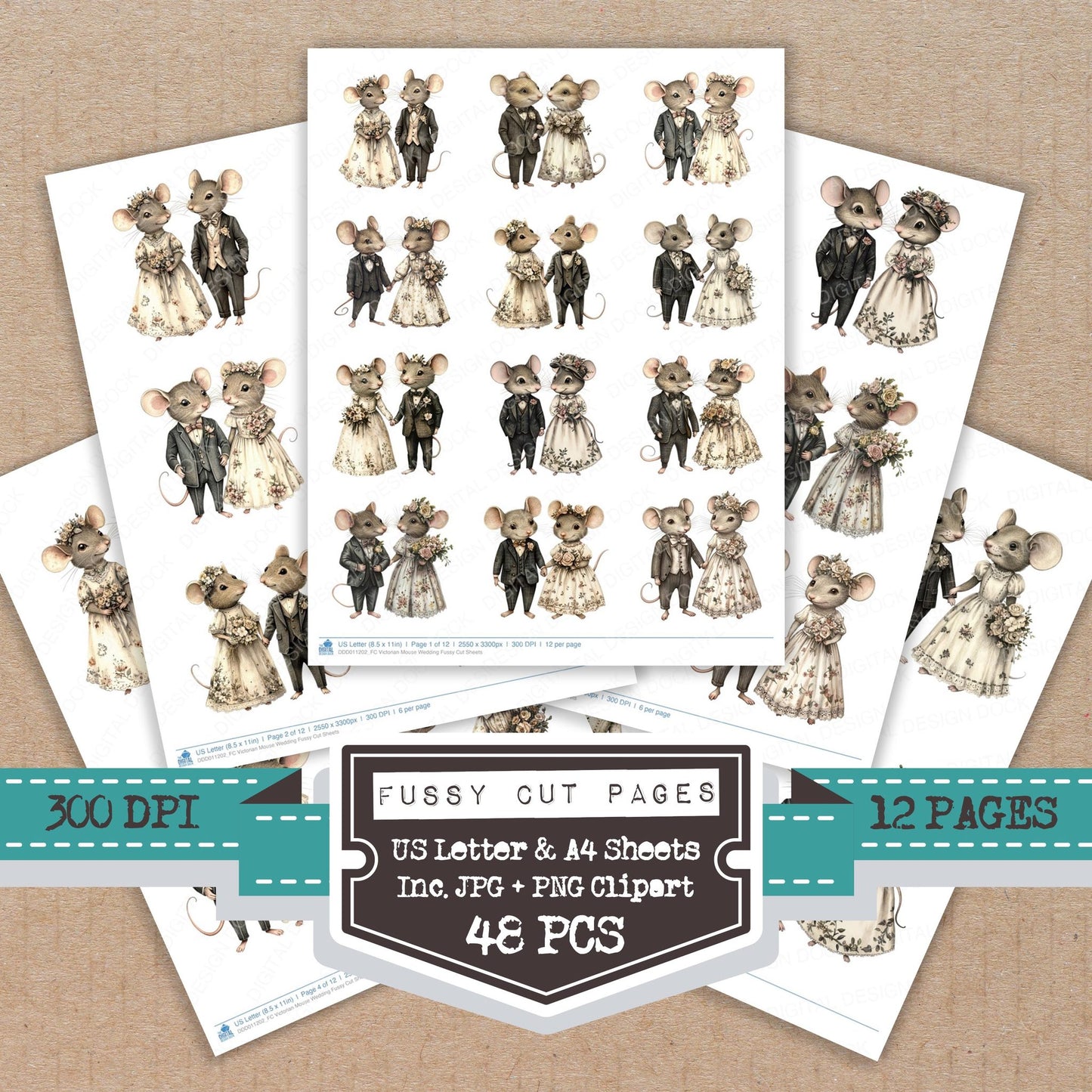 Victorian Mouse Wedding fussy cut printable sheets for junk journaling, scrapbooking, and paper craft projects