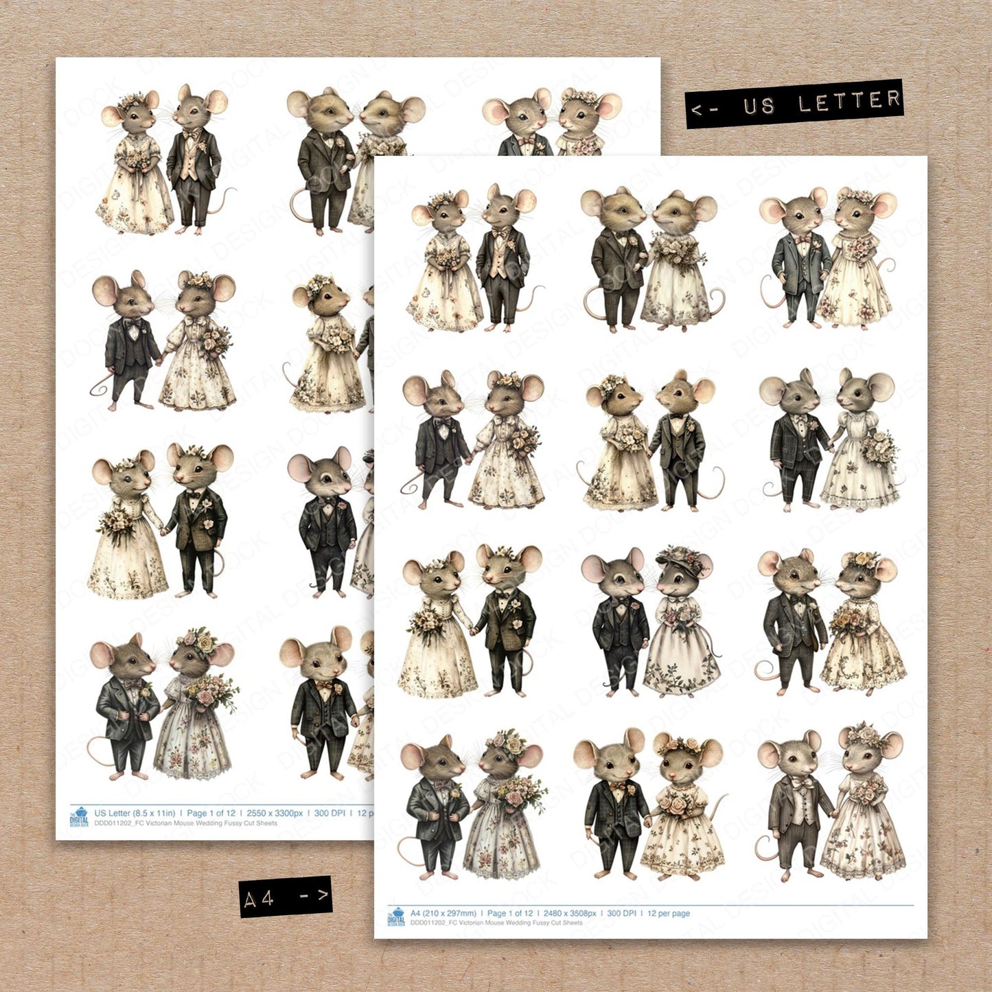 A4 and US Letter format comparison showing Victorian Mouse Wedding fussy cut pages for print and cut crafting