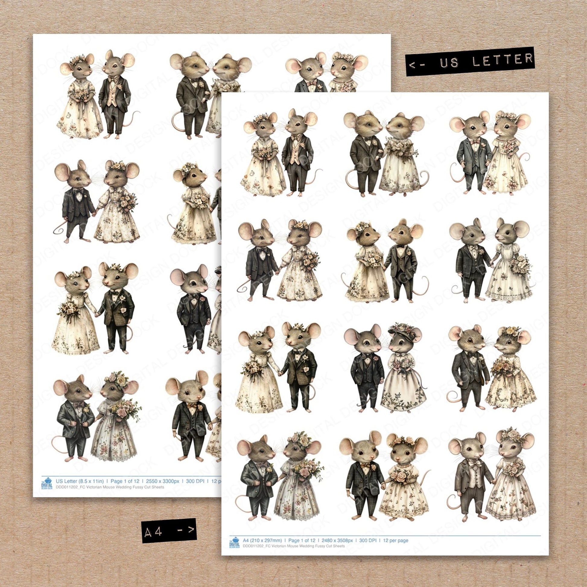 A4 and US Letter format comparison showing Victorian Mouse Wedding fussy cut pages for print and cut crafting
