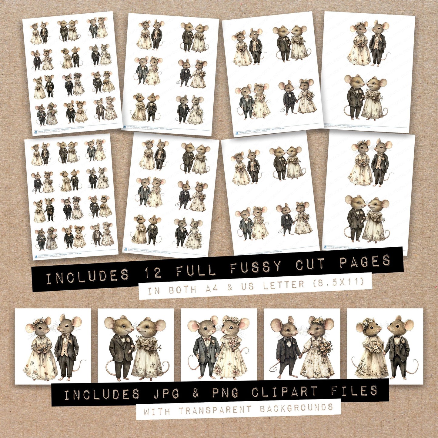 Full collection view of Victorian Mouse Wedding fussy cut sheets with bonus clipart JPG and PNG files