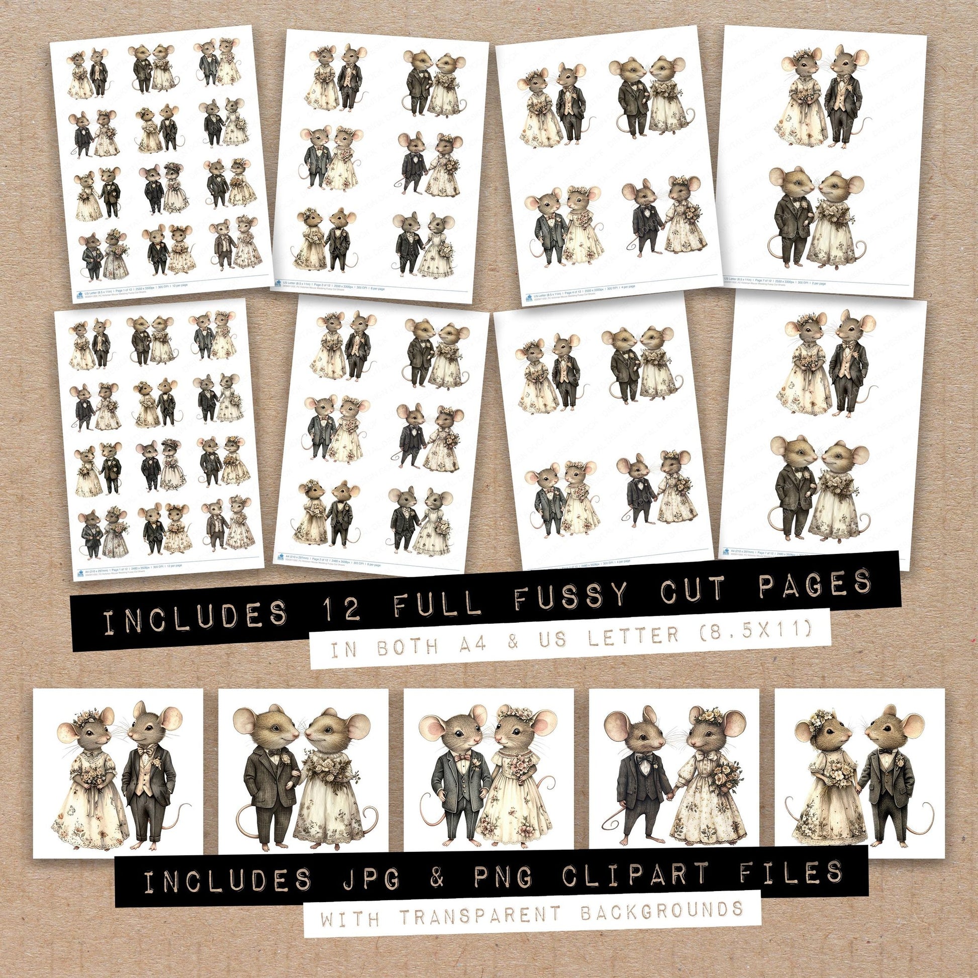 Full collection view of Victorian Mouse Wedding fussy cut sheets with bonus clipart JPG and PNG files