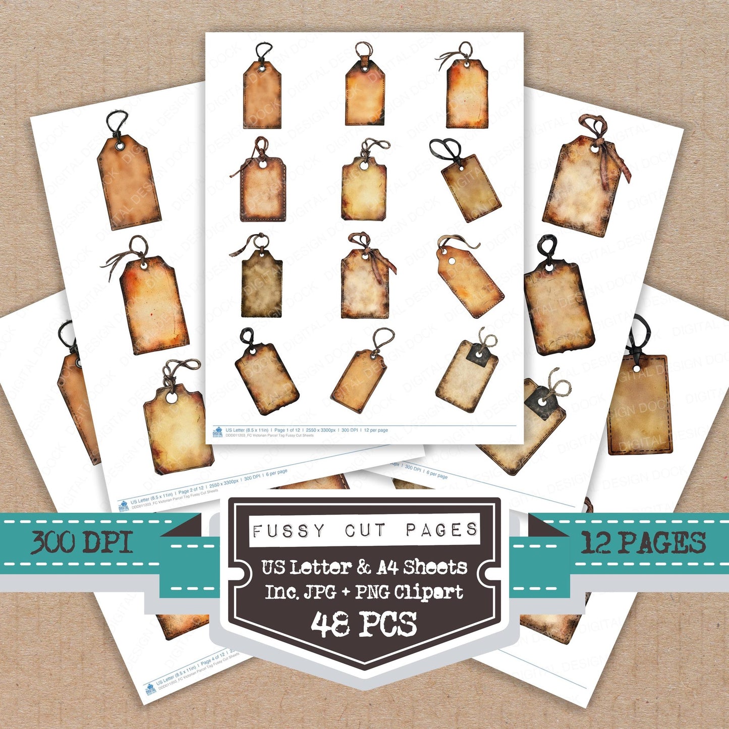 Victorian Parcel Tag fussy cut printable sheets for junk journaling, scrapbooking, and paper craft projects