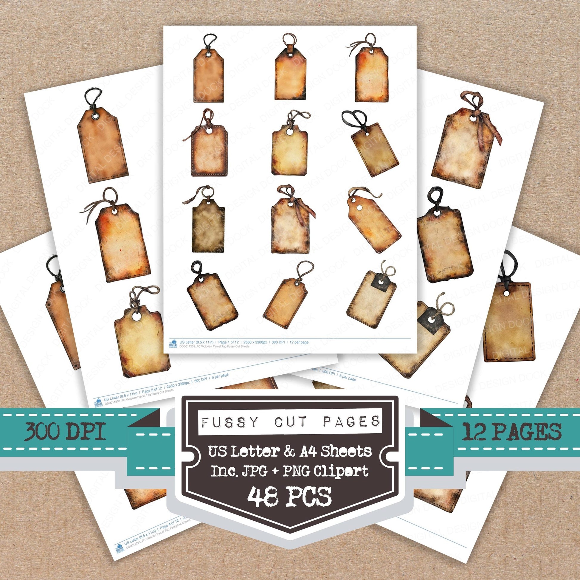 Victorian Parcel Tag fussy cut printable sheets for junk journaling, scrapbooking, and paper craft projects
