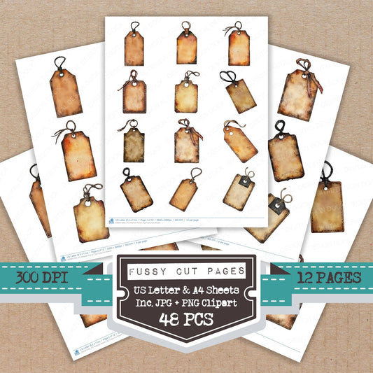 Victorian Parcel Tag fussy cut printable sheets for junk journaling, scrapbooking, and paper craft projects