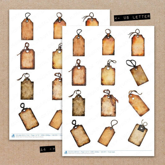 A4 and US Letter format comparison showing Victorian Parcel Tag fussy cut pages for print and cut crafting
