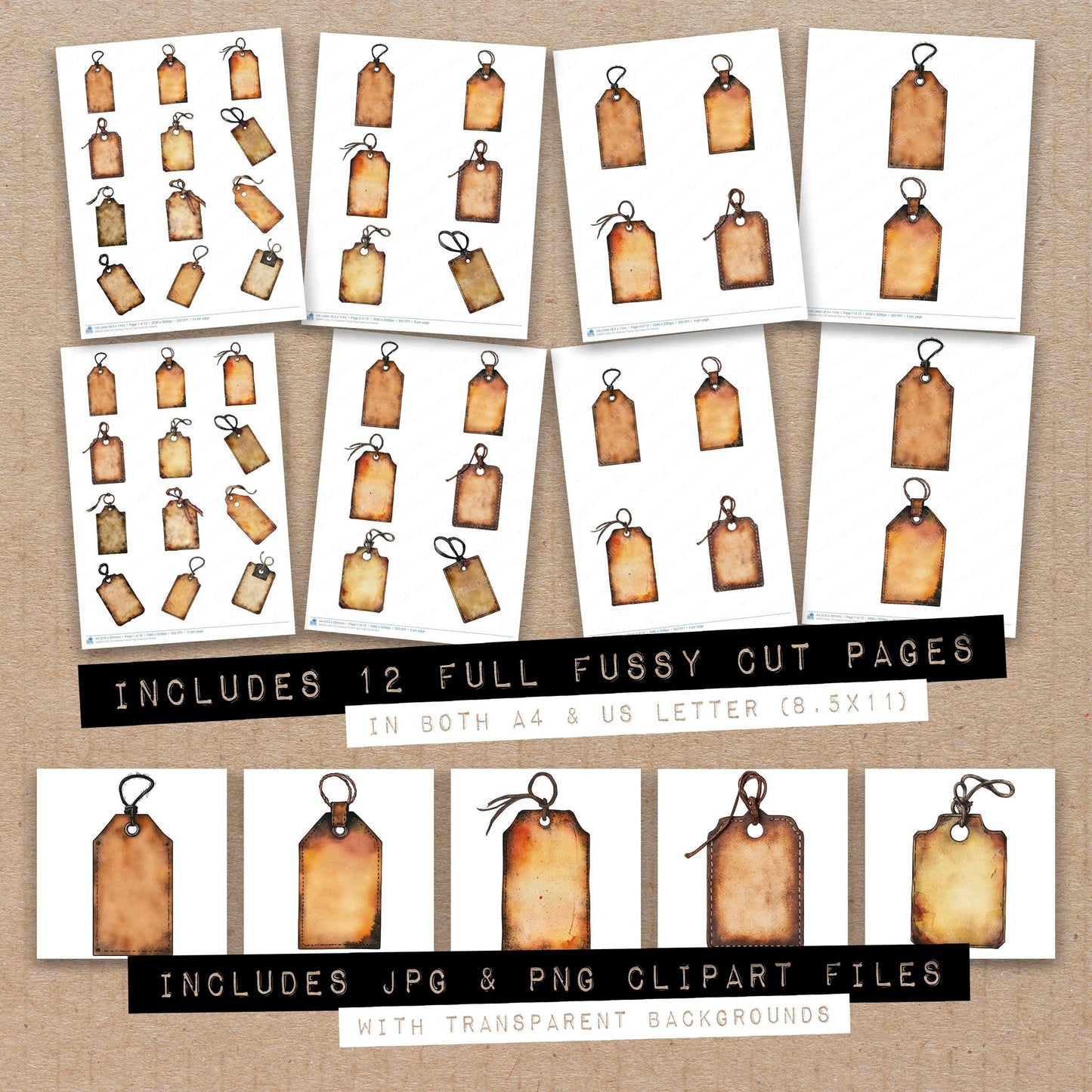 Full collection view of Victorian Parcel Tag fussy cut sheets with bonus clipart JPG and PNG files