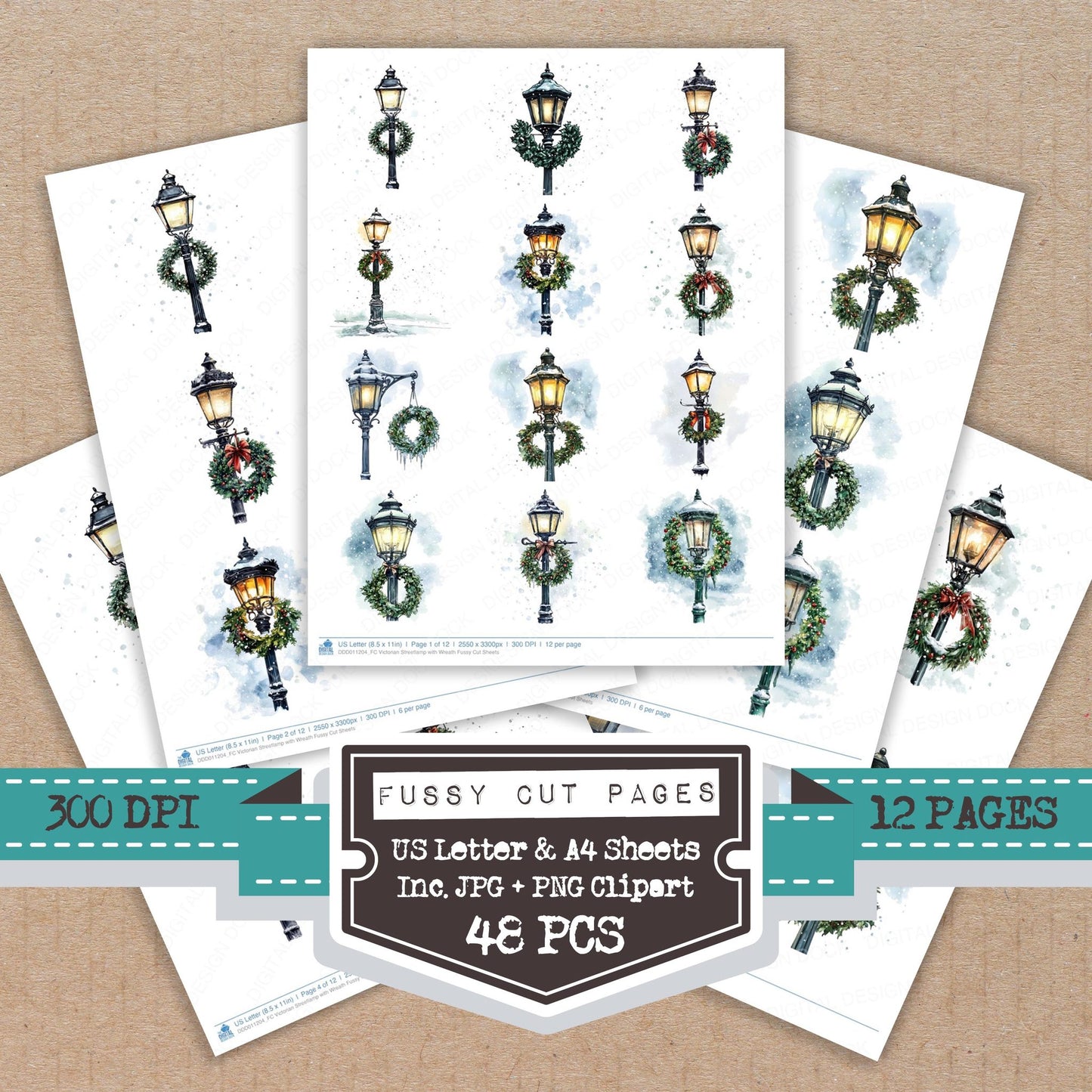 Victorian Streetlamp with Wreath fussy cut printable sheets for junk journaling, scrapbooking, and paper craft projects