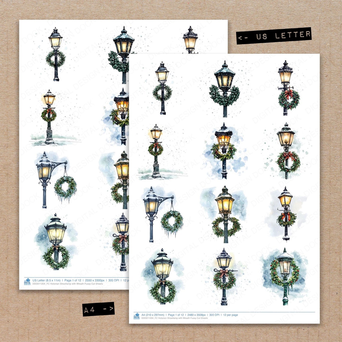 A4 and US Letter format comparison showing Victorian Streetlamp with Wreath fussy cut pages for print and cut crafting