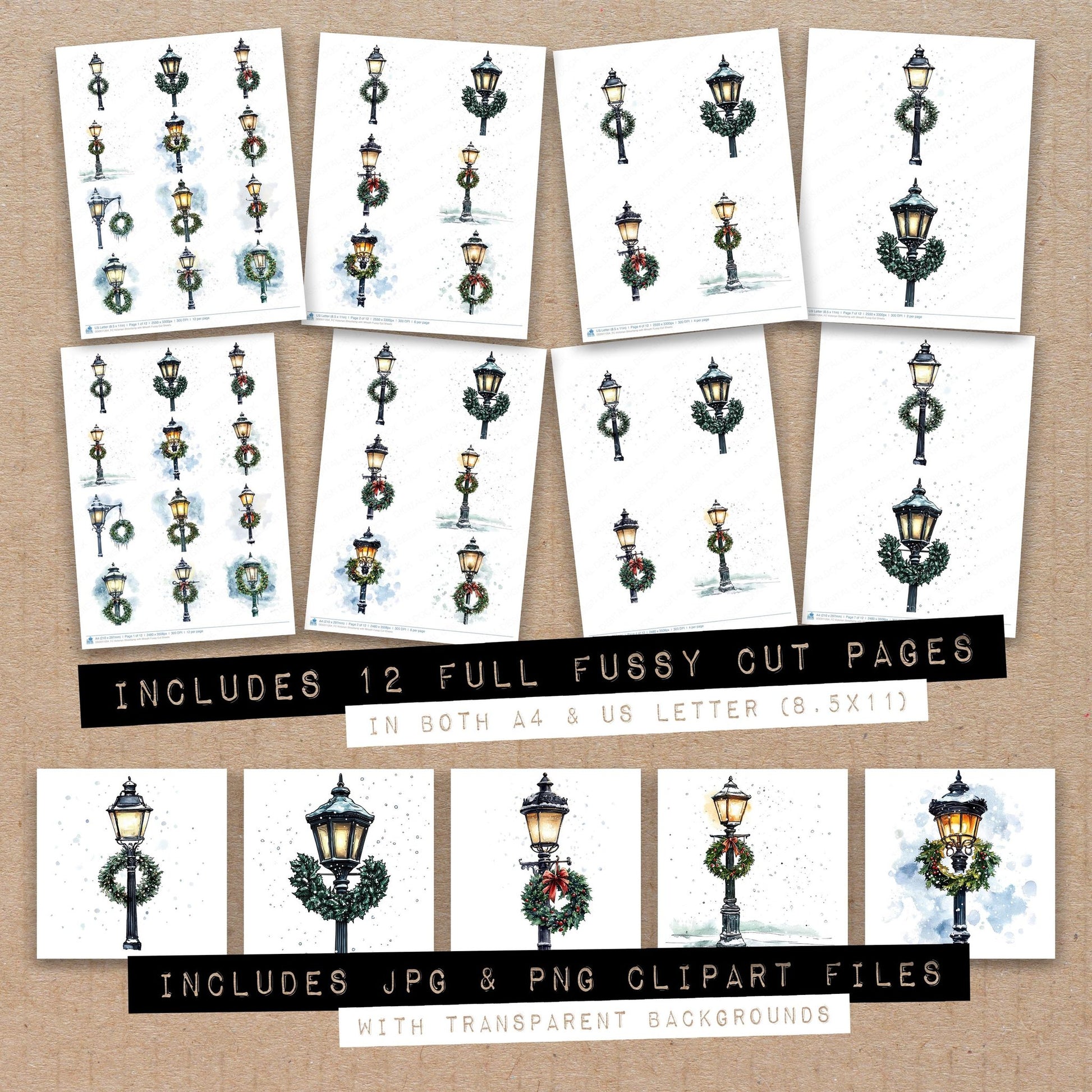 Full collection view of Victorian Streetlamp with Wreath fussy cut sheets with bonus clipart JPG and PNG files