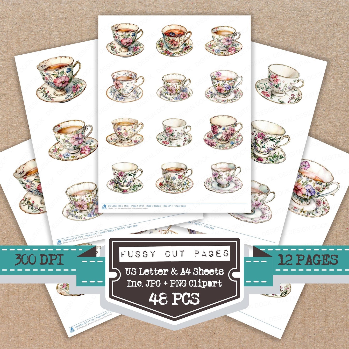 Victorian Teacup fussy cut printable sheets for junk journaling, scrapbooking, and paper craft projects