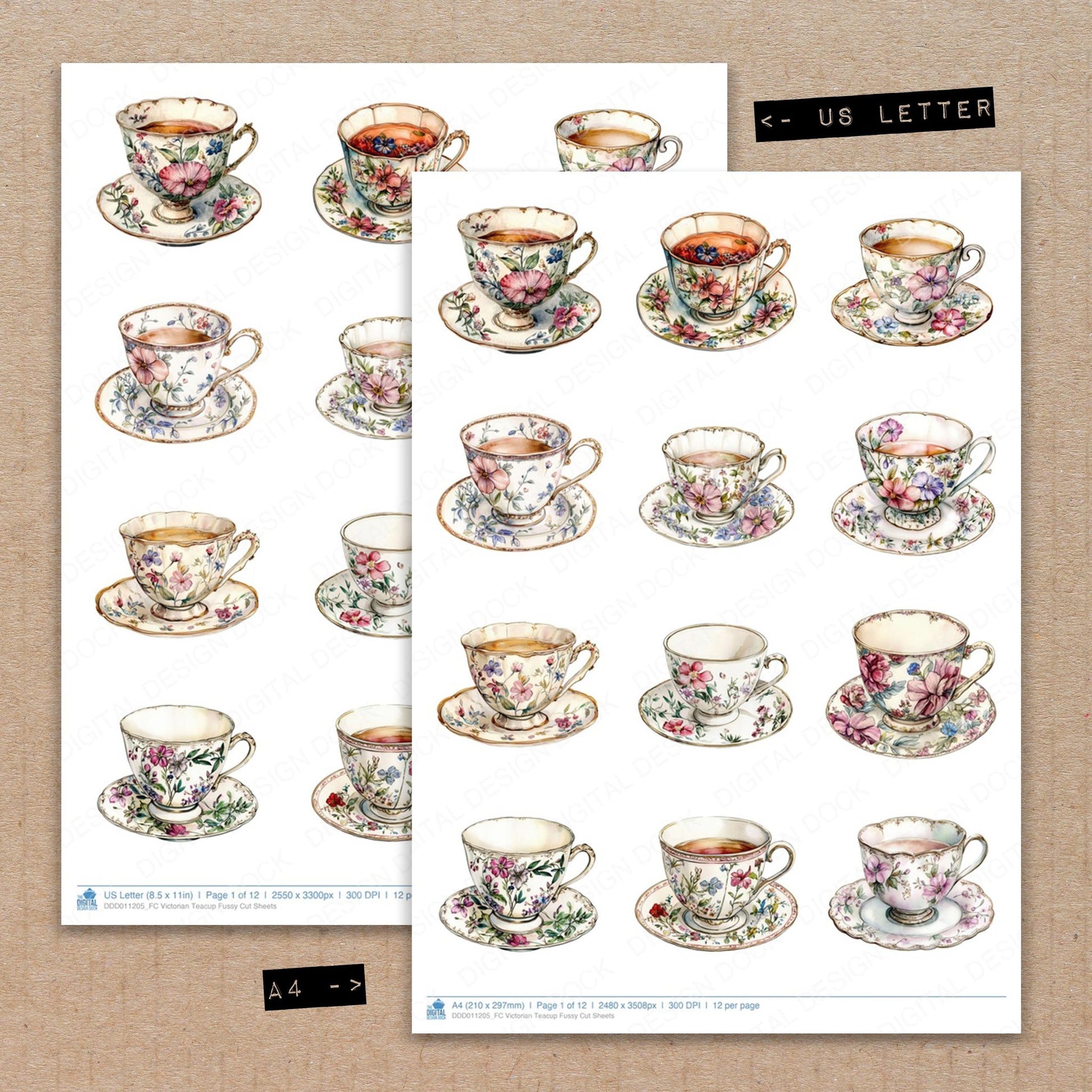 A4 and US Letter format comparison showing Victorian Teacup fussy cut pages for print and cut crafting
