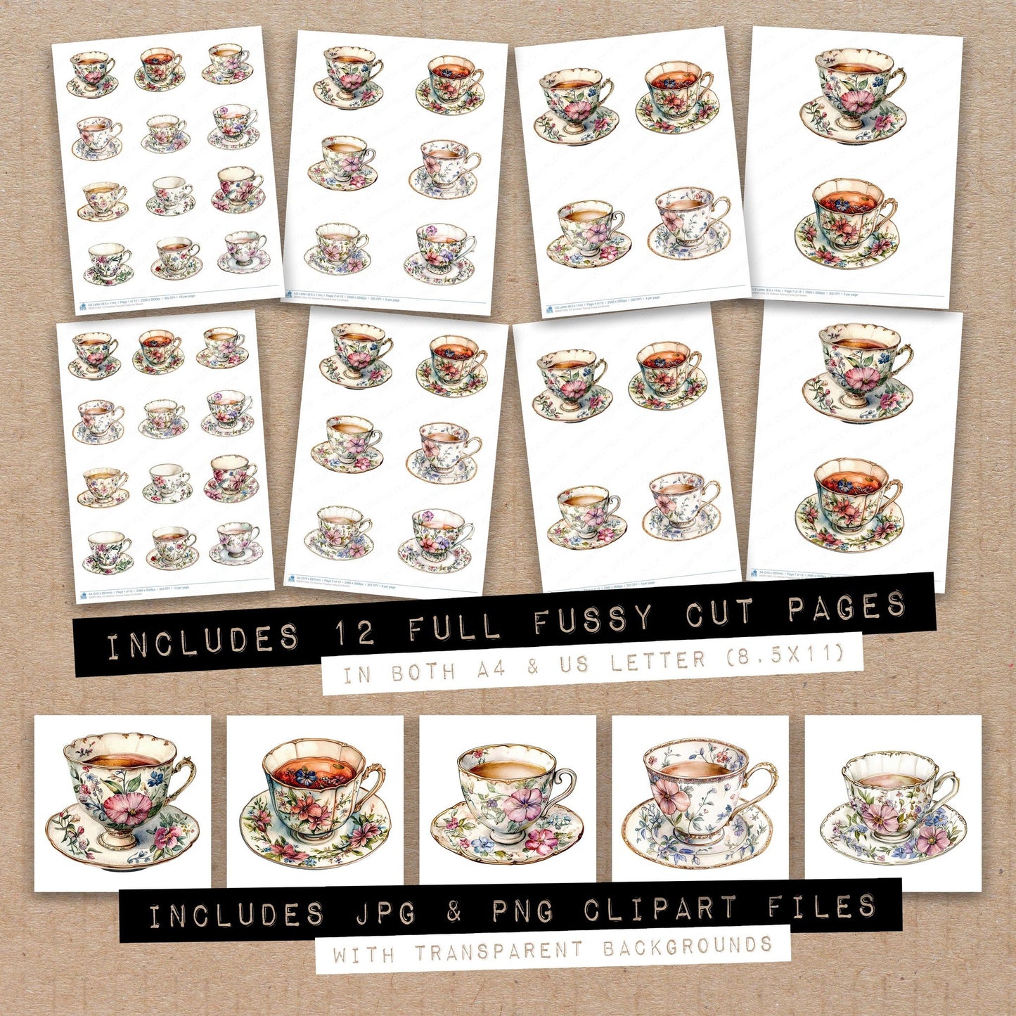 Full collection view of Victorian Teacup fussy cut sheets with bonus clipart JPG and PNG files