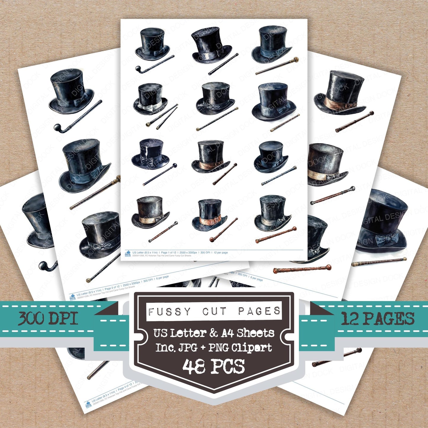 Victorian Top Hat and Cane fussy cut printable sheets for junk journaling, scrapbooking, and paper craft projects
