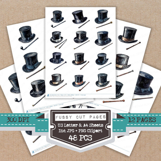 Victorian Top Hat and Cane fussy cut printable sheets for junk journaling, scrapbooking, and paper craft projects