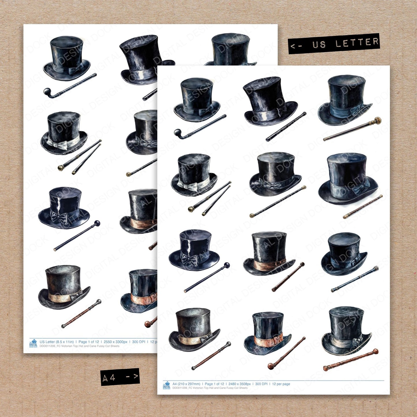 A4 and US Letter format comparison showing Victorian Top Hat and Cane fussy cut pages for print and cut crafting
