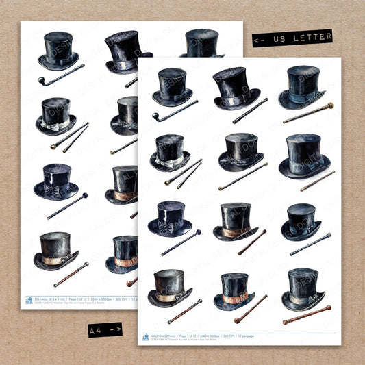 A4 and US Letter format comparison showing Victorian Top Hat and Cane fussy cut pages for print and cut crafting