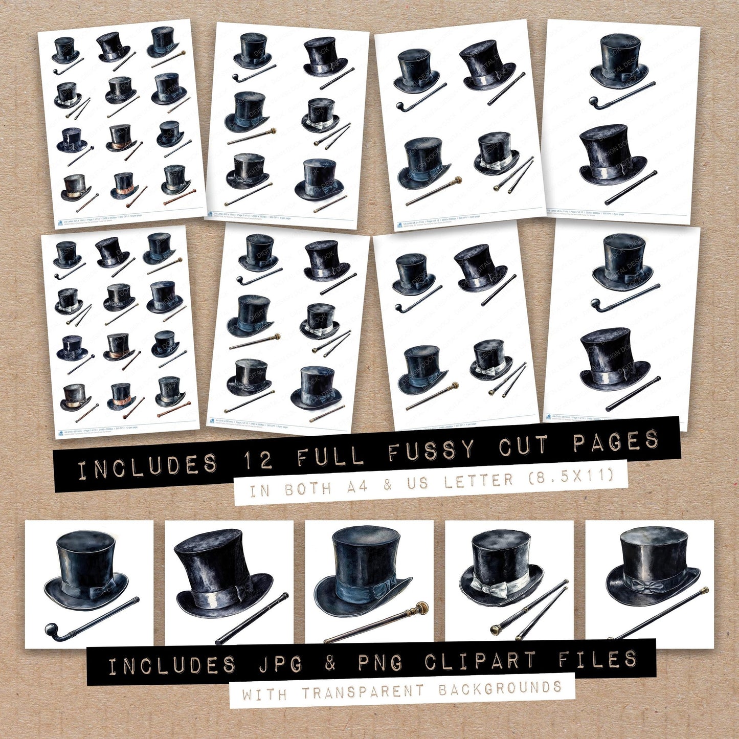 Full collection view of Victorian Top Hat and Cane fussy cut sheets with bonus clipart JPG and PNG files