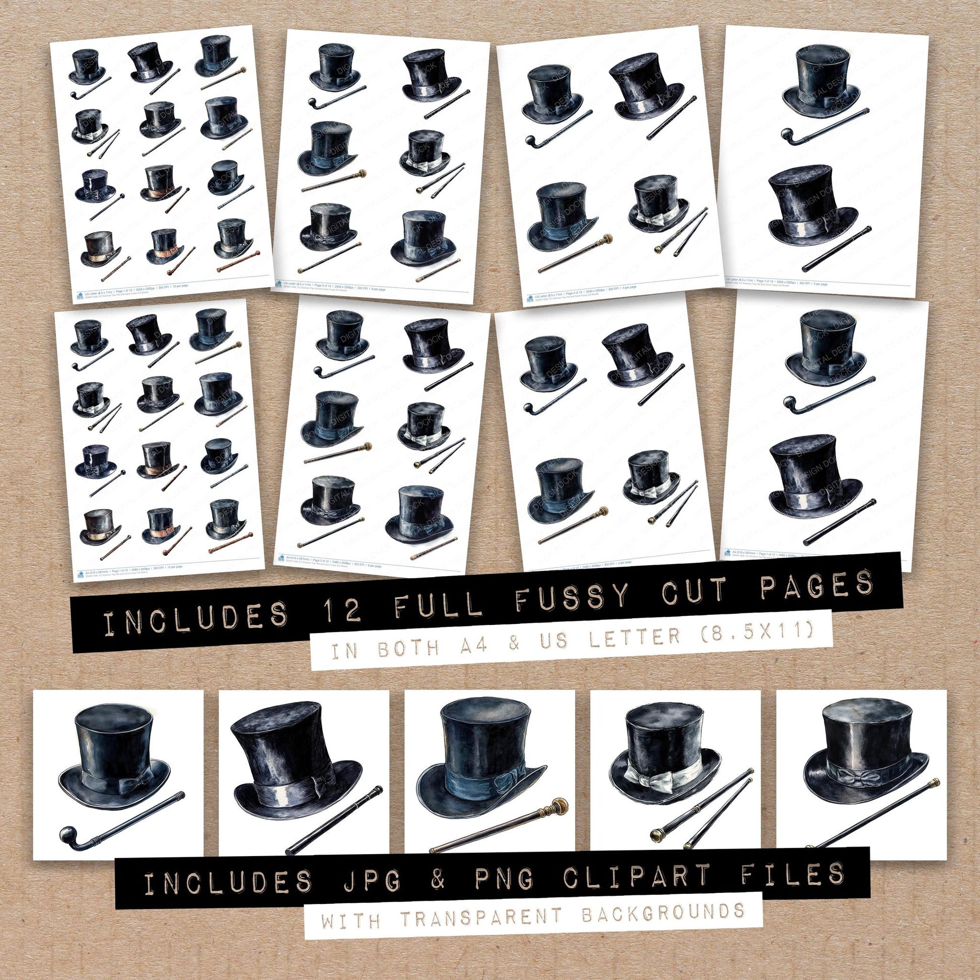 Full collection view of Victorian Top Hat and Cane fussy cut sheets with bonus clipart JPG and PNG files