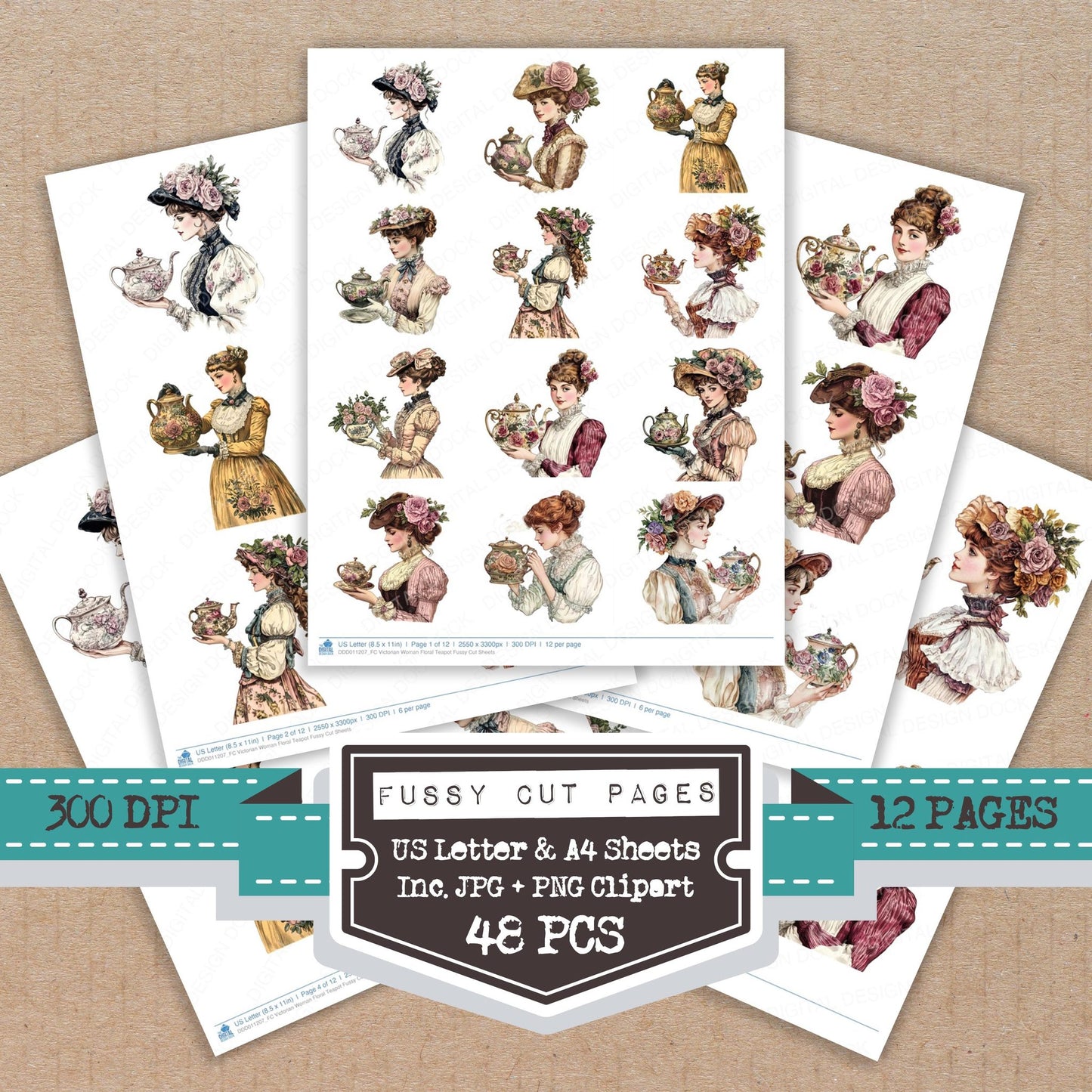 Victorian Woman Floral Teapot fussy cut printable sheets for junk journaling, scrapbooking, and paper craft projects