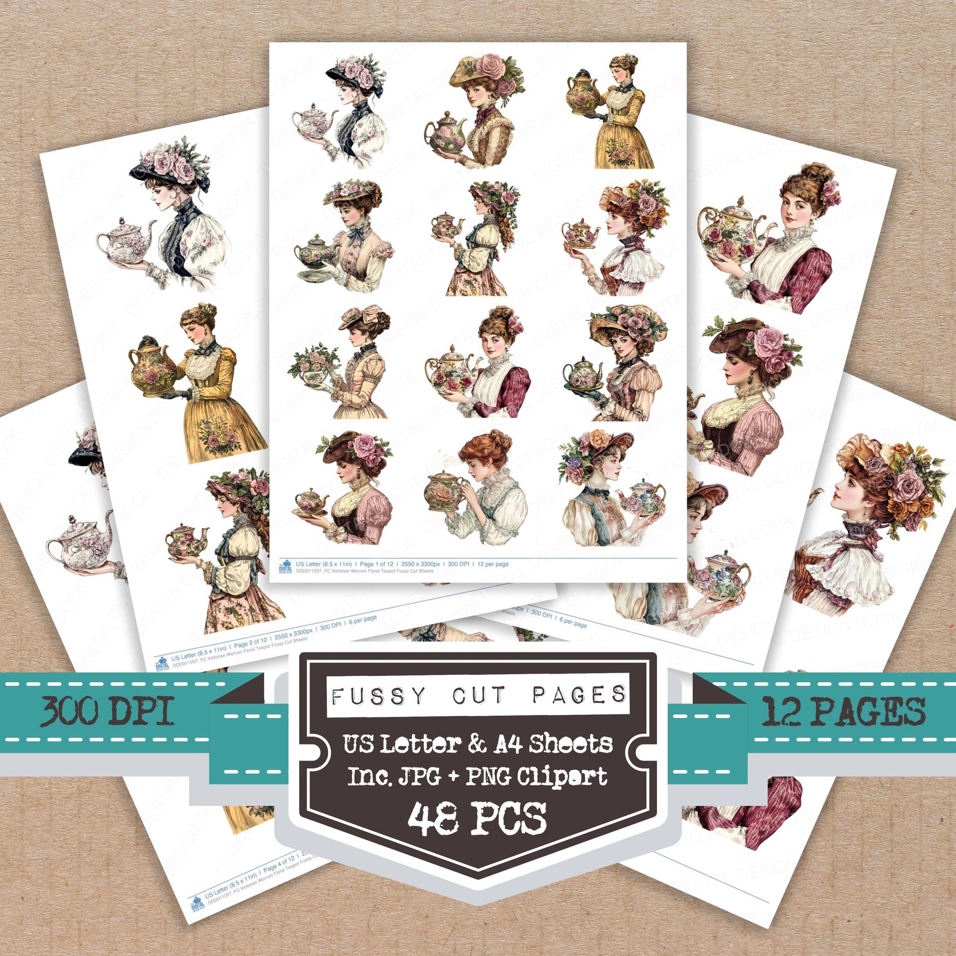 Victorian Woman Floral Teapot fussy cut printable sheets for junk journaling, scrapbooking, and paper craft projects