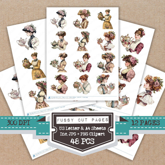 Victorian Woman Floral Teapot fussy cut printable sheets for junk journaling, scrapbooking, and paper craft projects