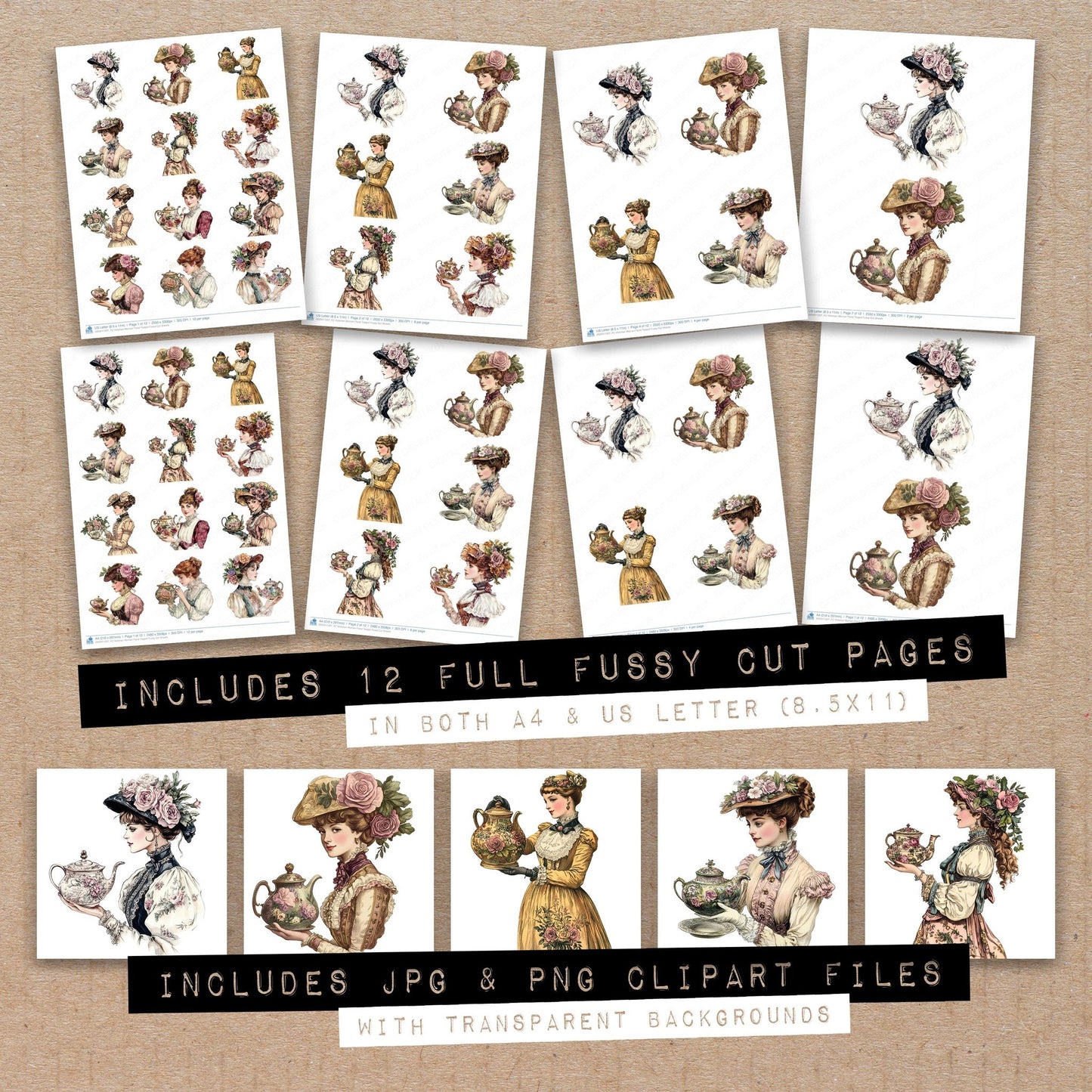 Full collection view of Victorian Woman Floral Teapot fussy cut sheets with bonus clipart JPG and PNG files