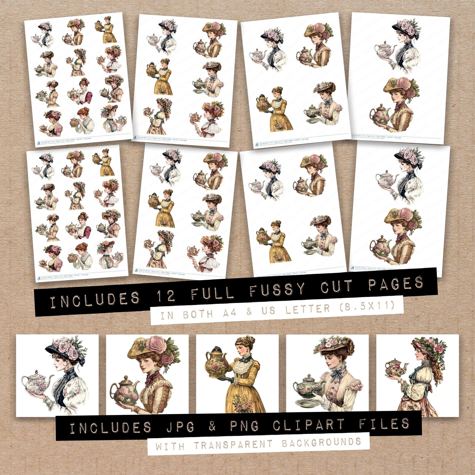 Full collection view of Victorian Woman Floral Teapot fussy cut sheets with bonus clipart JPG and PNG files
