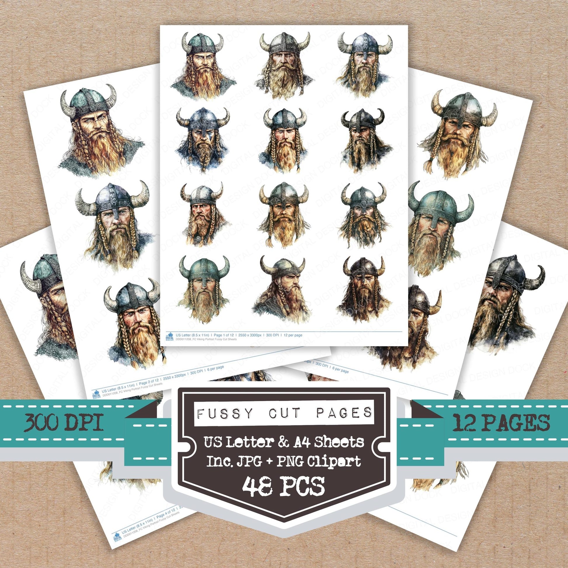 Viking Portrait fussy cut printable sheets for junk journaling, scrapbooking, and paper craft projects
