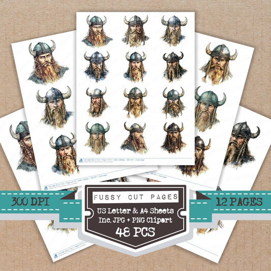 Viking Portrait fussy cut printable sheets for junk journaling, scrapbooking, and paper craft projects