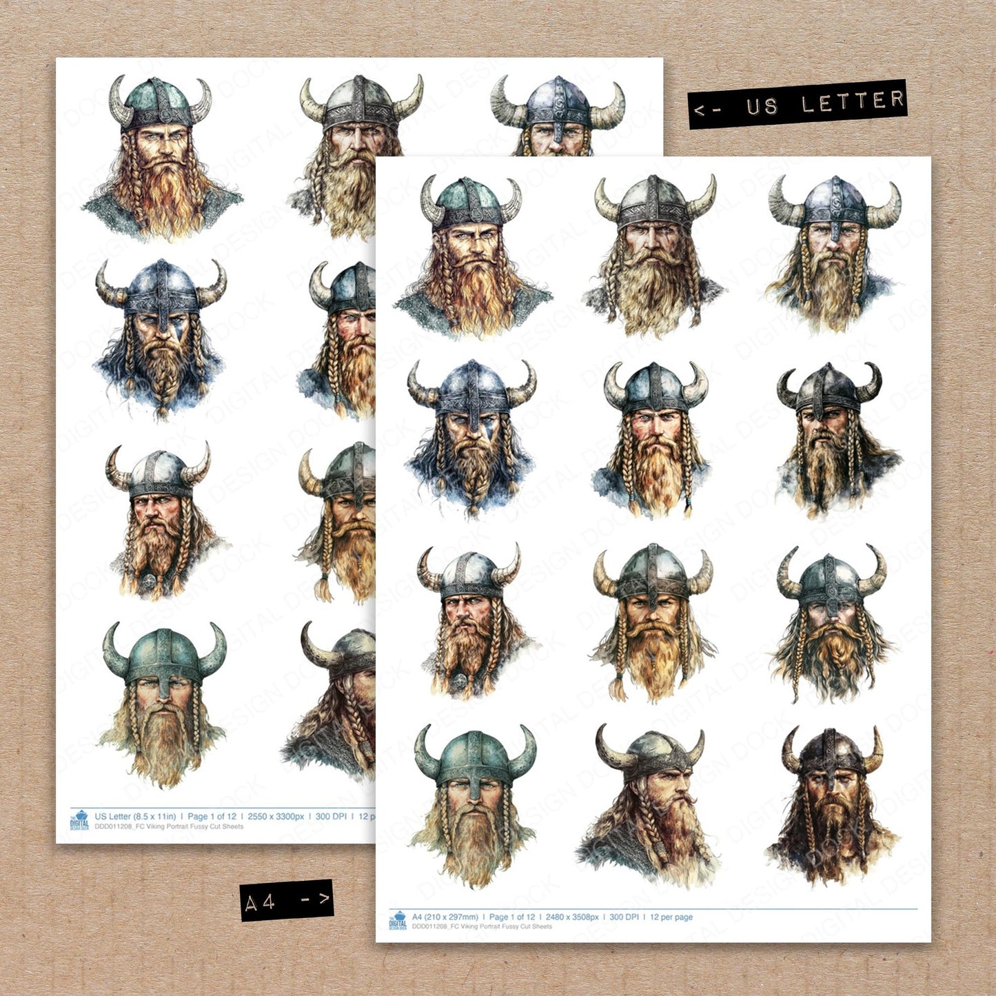 A4 and US Letter format comparison showing Viking Portrait fussy cut pages for print and cut crafting