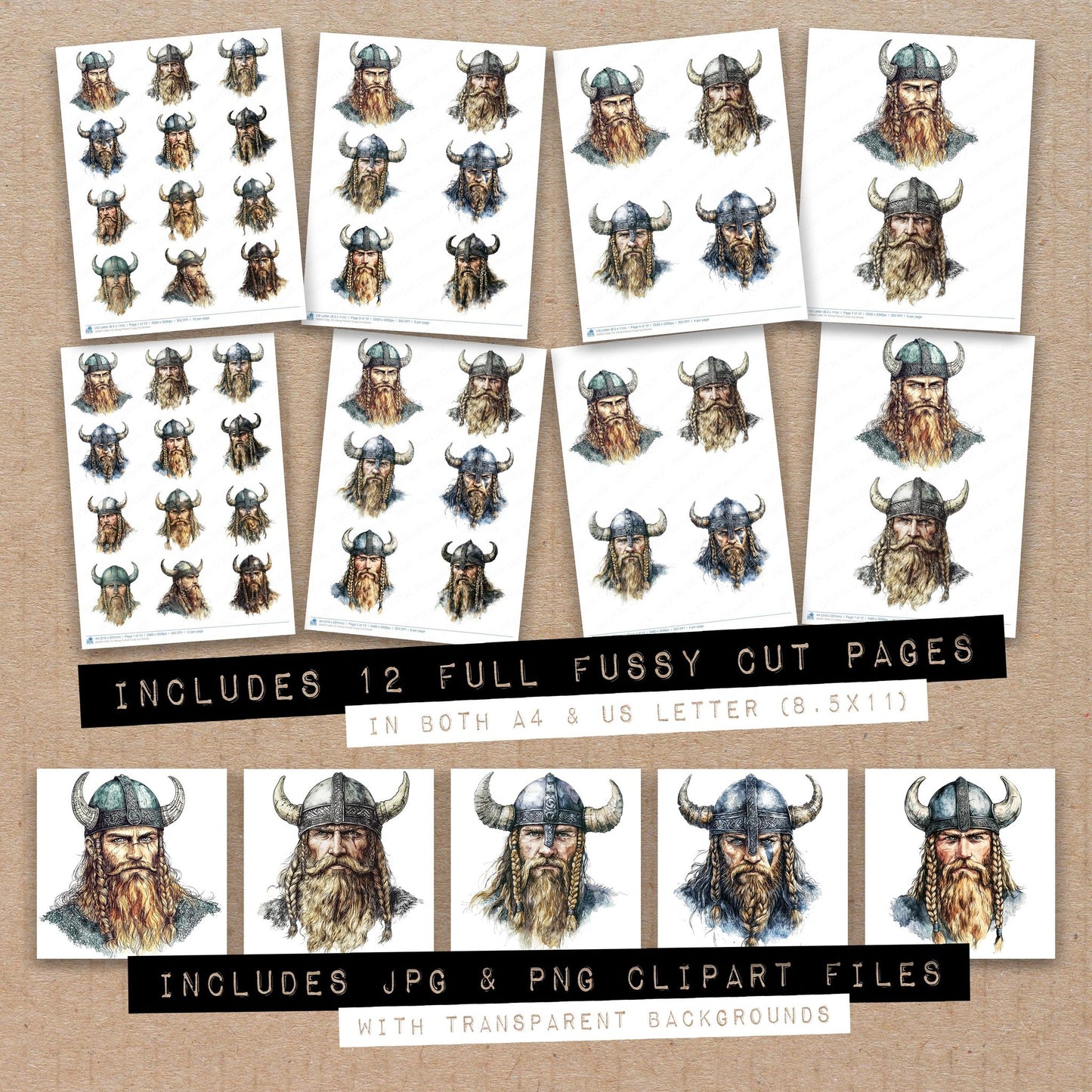 Full collection view of Viking Portrait fussy cut sheets with bonus clipart JPG and PNG files
