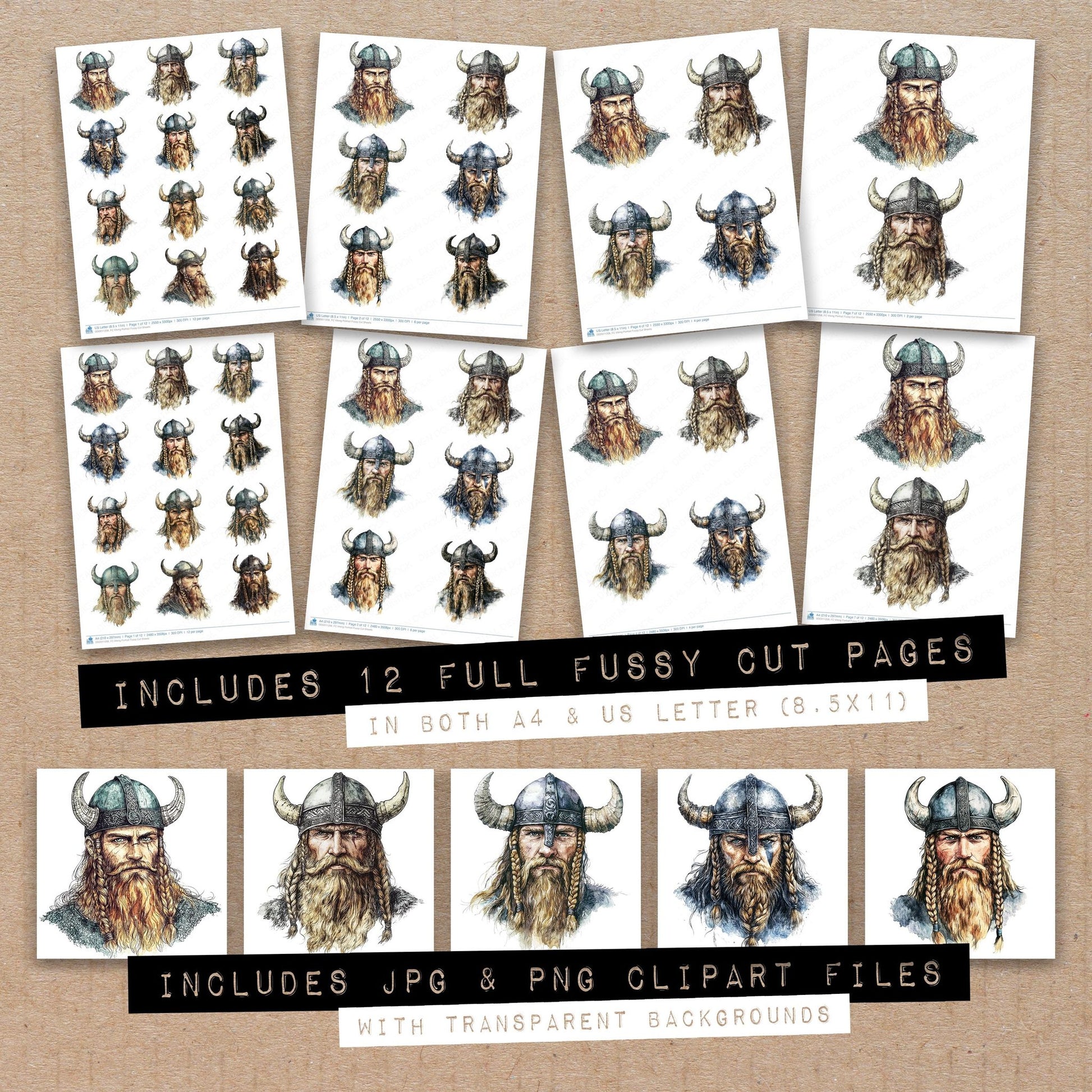 Full collection view of Viking Portrait fussy cut sheets with bonus clipart JPG and PNG files